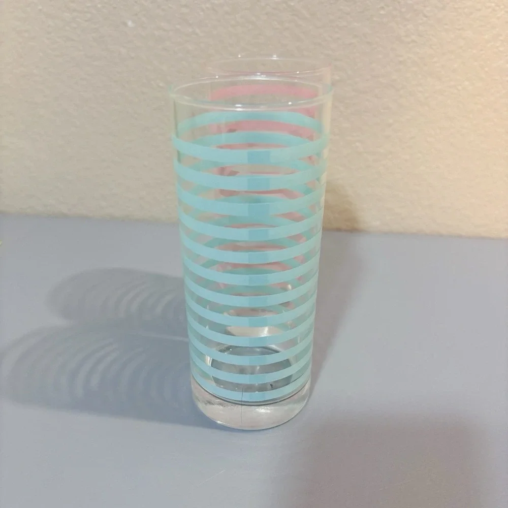2 Libbey Vintage Mid Century Modern Retro Teal Pink Striped Highball Bar Glasses